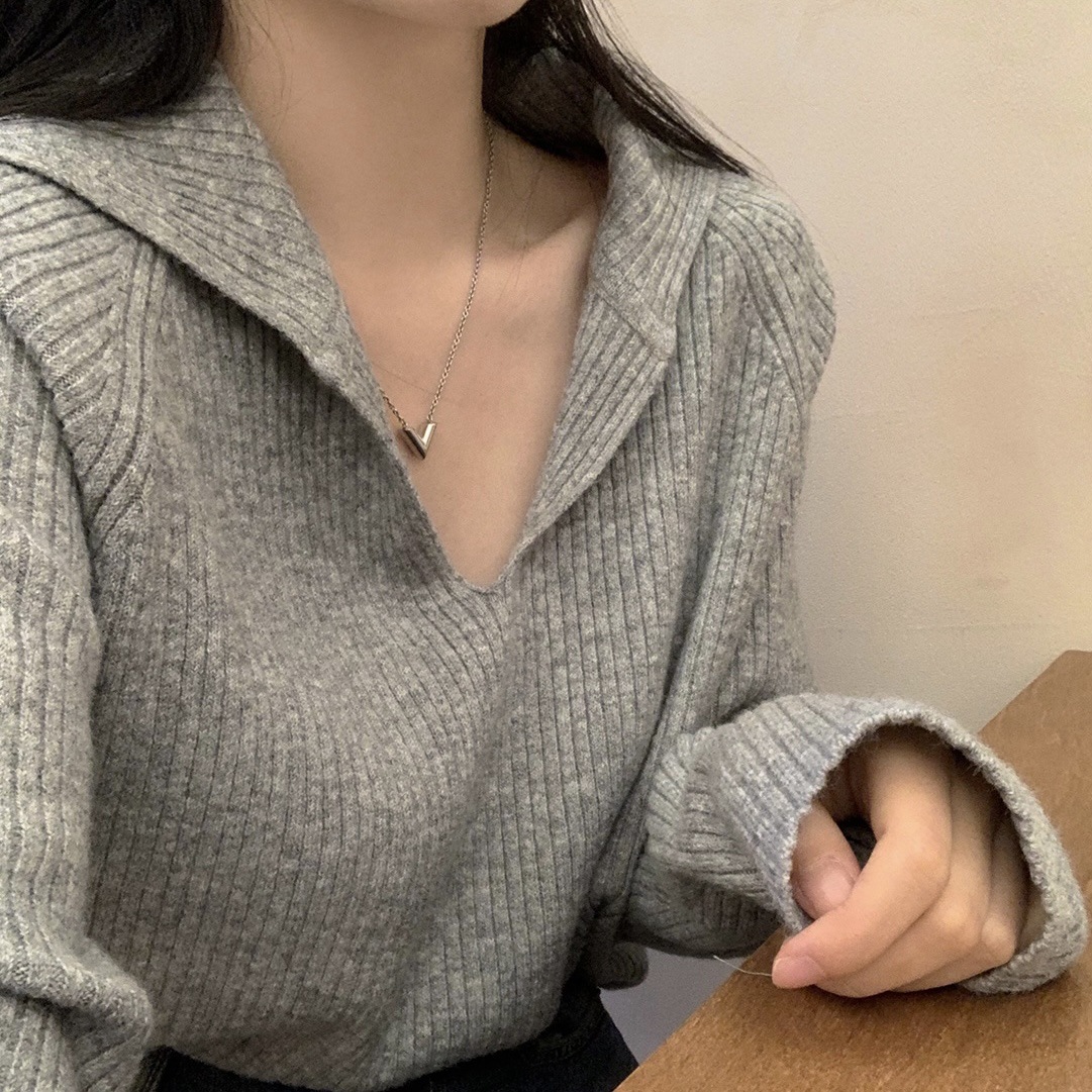 Korean chic French-style sophisticated gray knit sweater for women