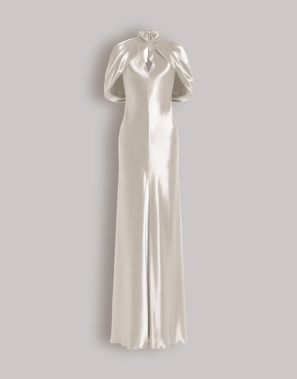 Satin evening dress with cape sleeves