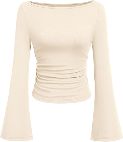 PRETTYGARDEN Women's Long-Sleeve Shirt, Spring 2026, Crop Top, Casual Off-Shoulder, Flared Sleeves, Ribbed Trim, Y2K Apparel